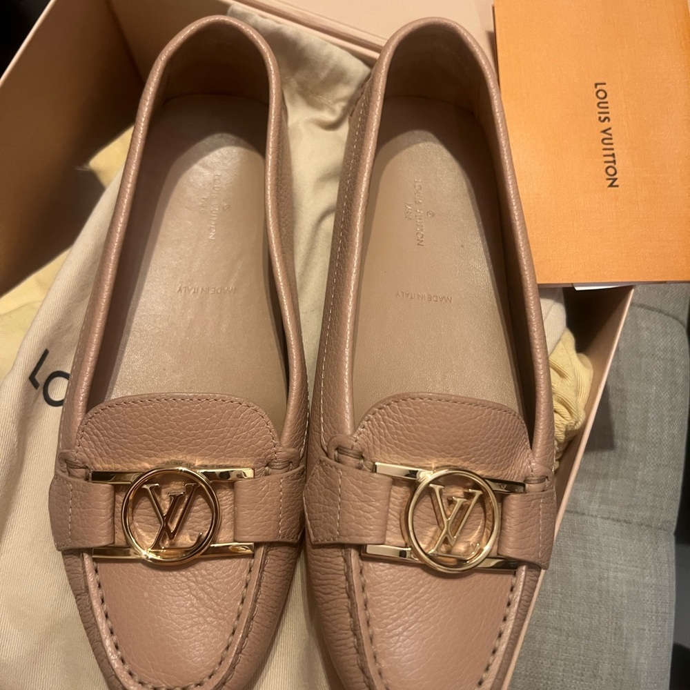 Louis Vuitton Beige Leather Loafers with Gold Accents